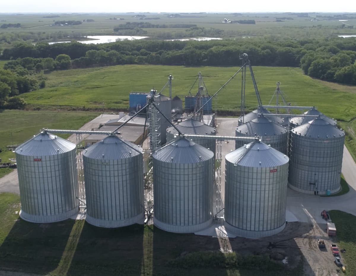 Chief Agri grain storage system grain types Aerial view of a Chief Agri commercial-sized grain storage system.
