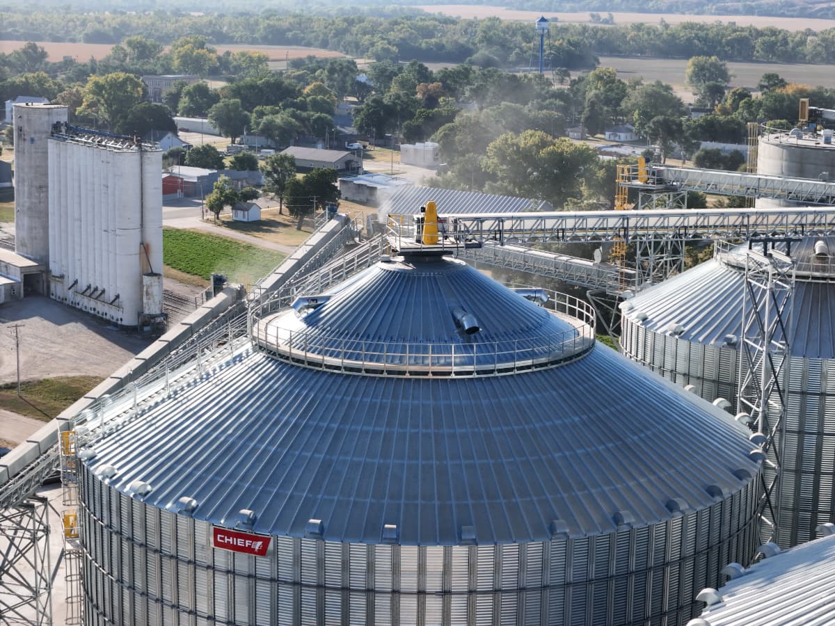 Chief Agri new bin top Aerial view of a Chief Agri bin roof.