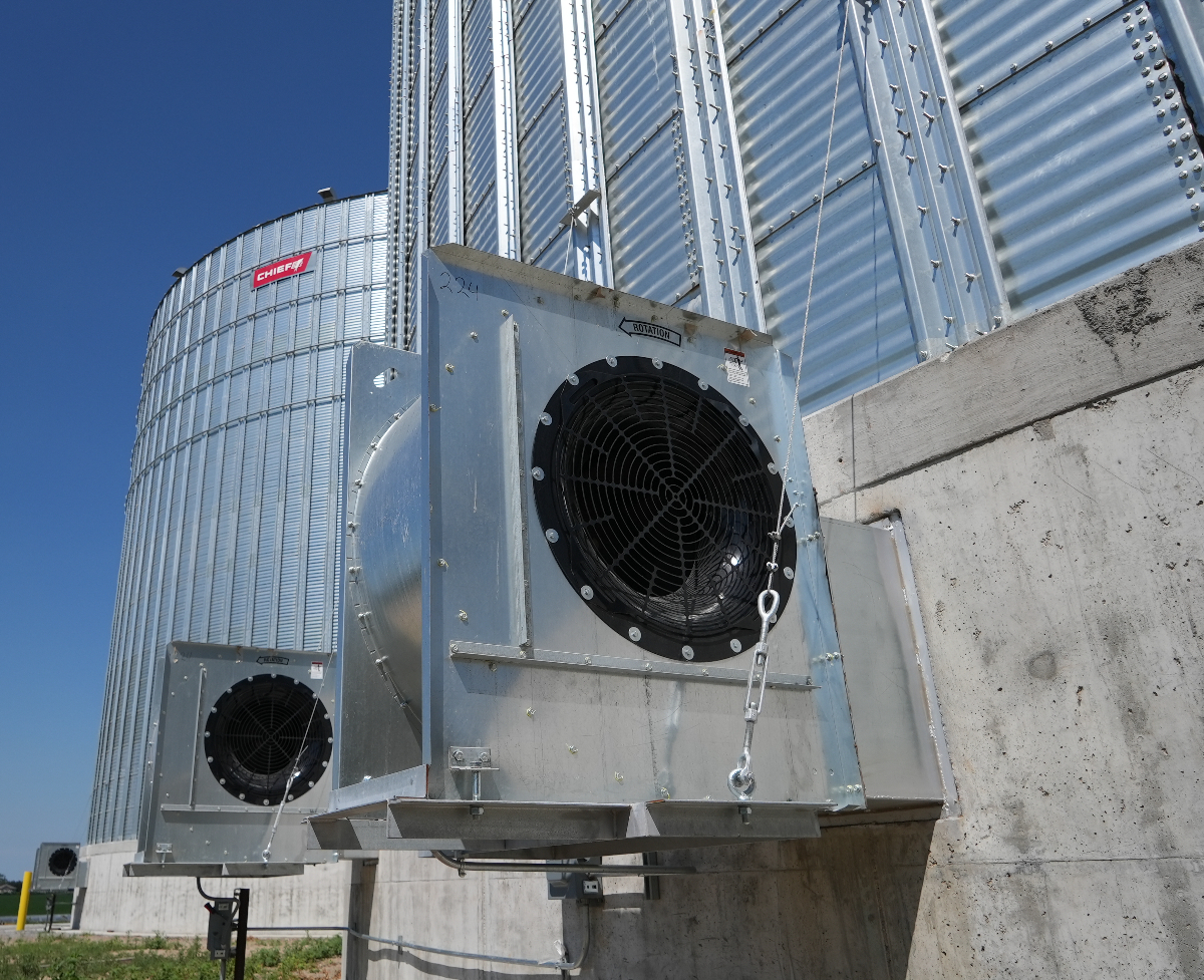 grain fan-moisture-management Grain fan for moisture management in a Chief Agri grain bin.
