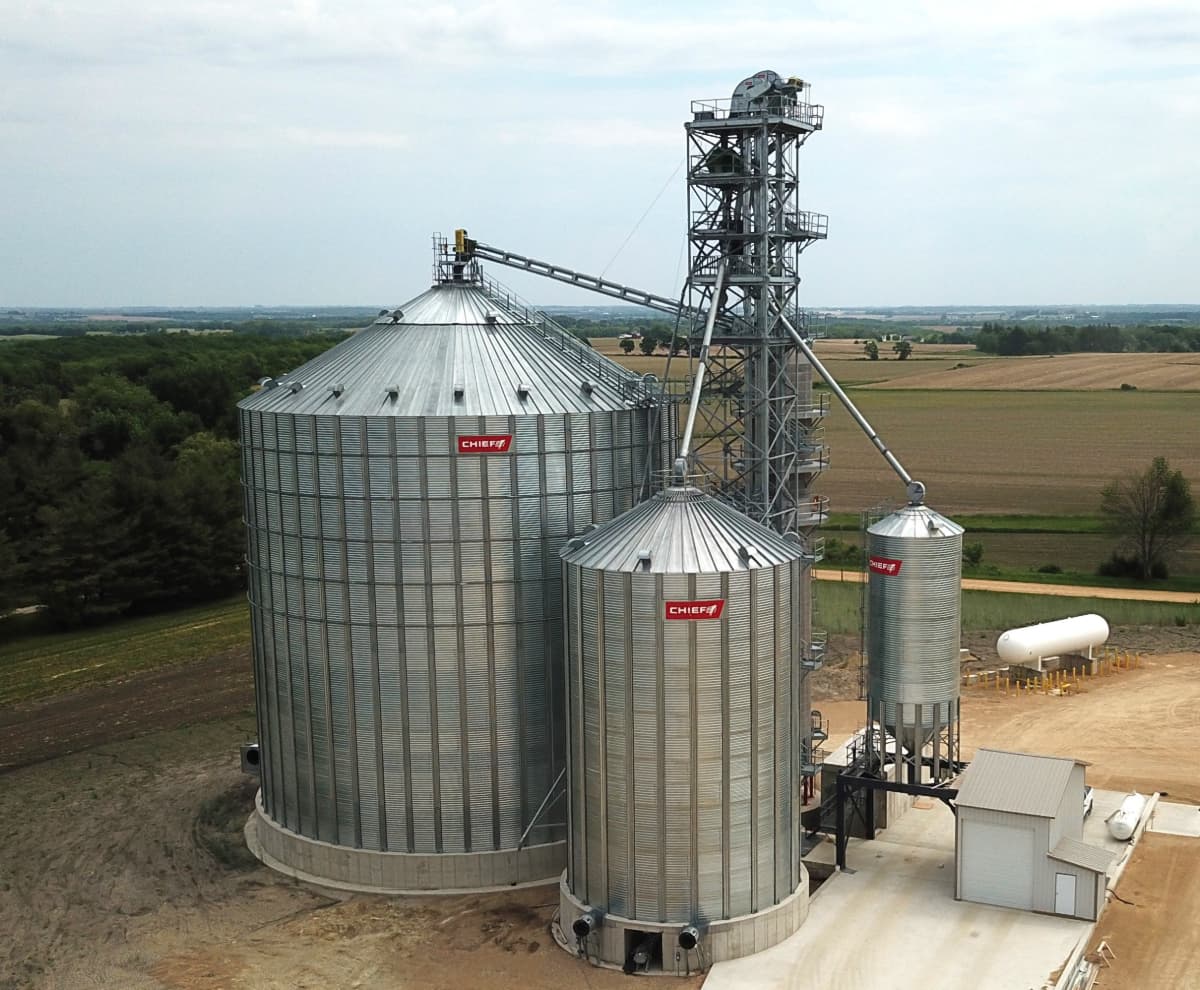 A complete Chief Agri grain storage system for a farm.