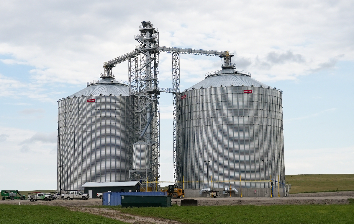 Two large Chief Agri grain bins.