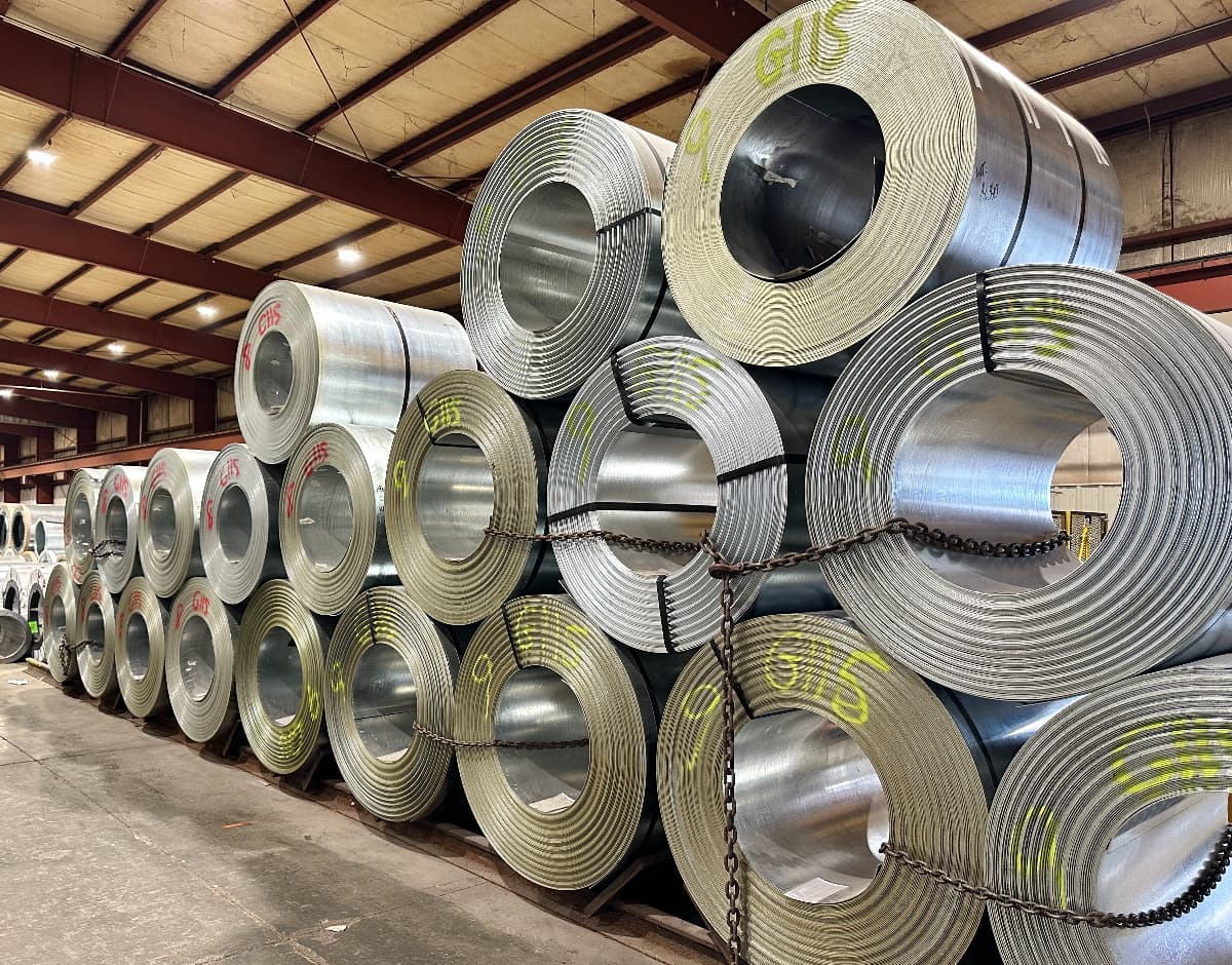 Rolls of steel used to manufacture metal grains bins at Chief Agri.