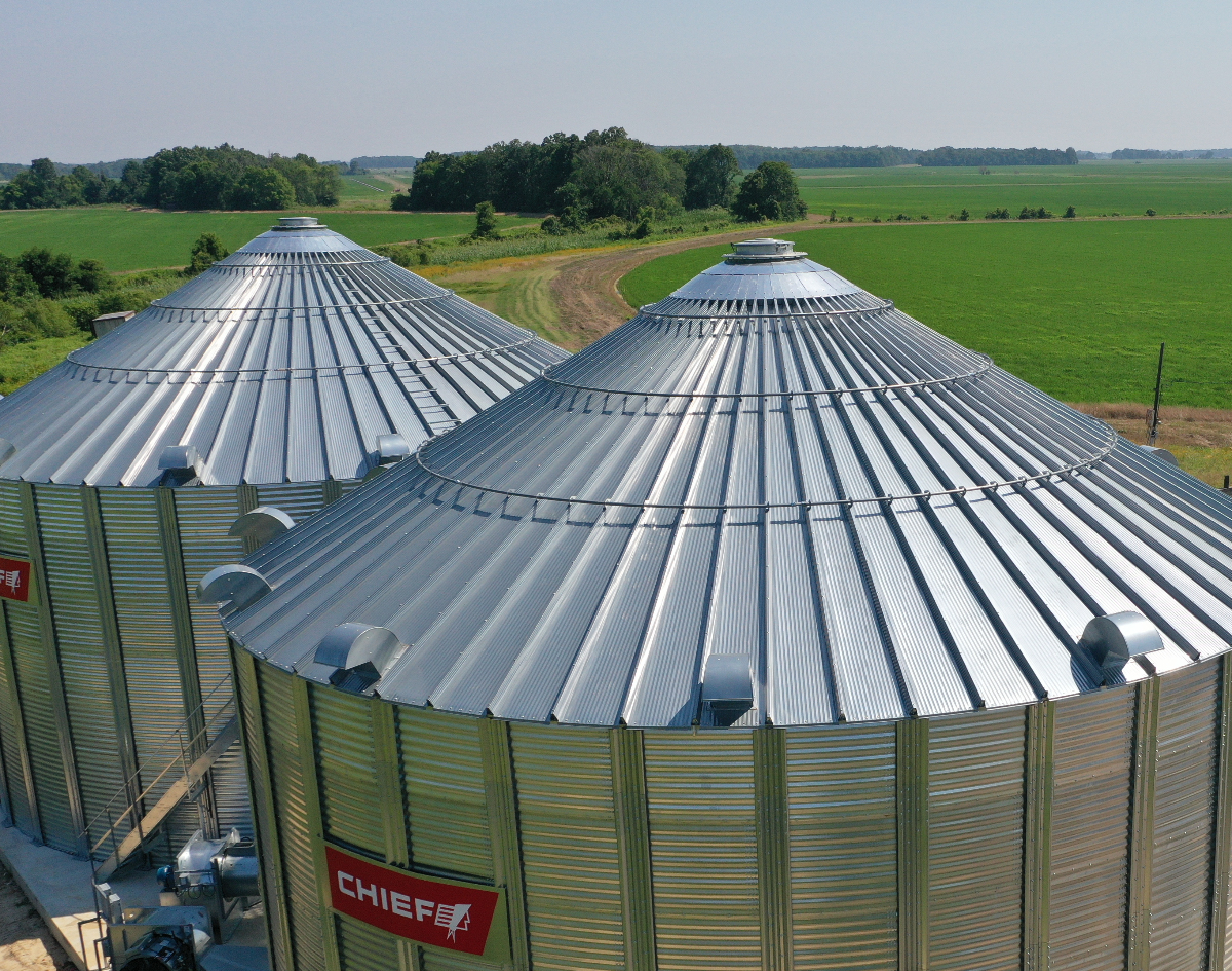 Closeup view of vents on a Chief Agri metal grain bin roof.
