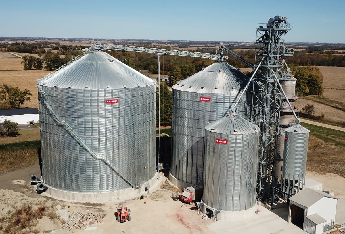 A Chief Agri grain storage system with different-sized bins.