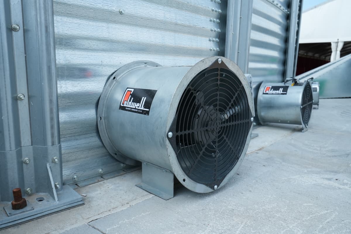 Caldwell fan 2 grain aeration A Caldwell grain bin fan.