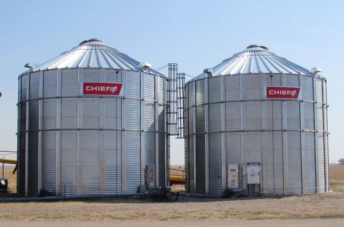 Two Chief Agri farm grain bins.