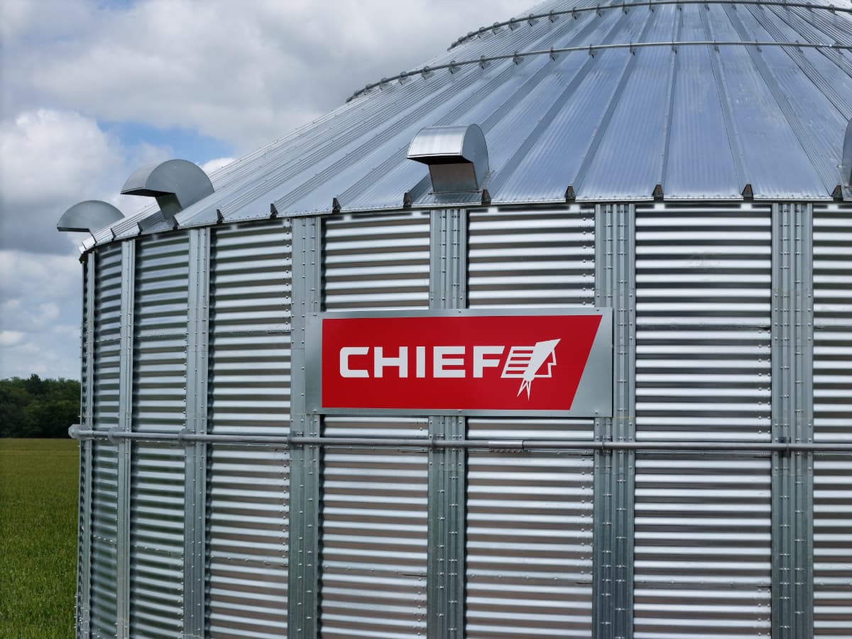The Chief Industries logo on a Chief Agri farm bin.