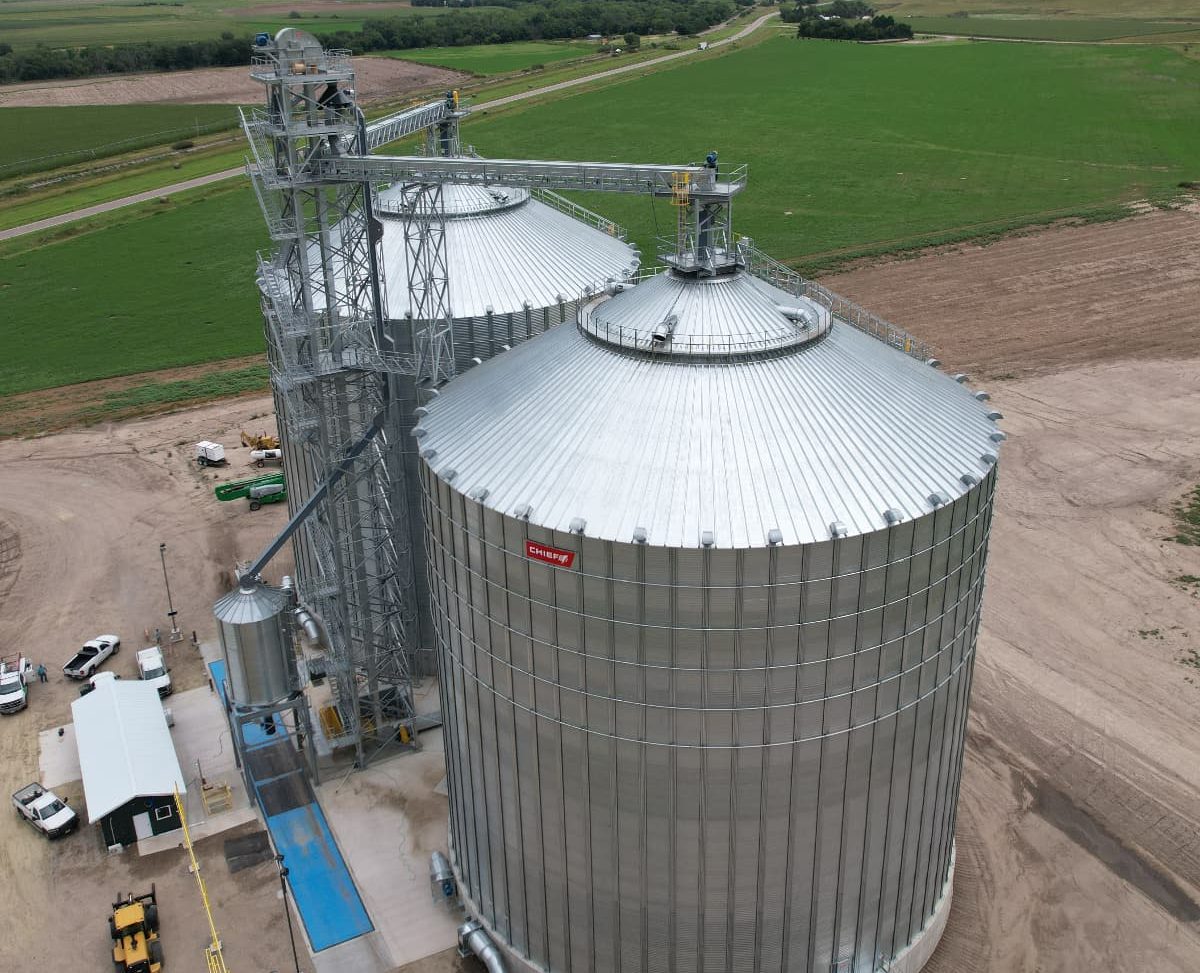 Aerial view of gooseneck vents on roof of Chief Agri grain bin.