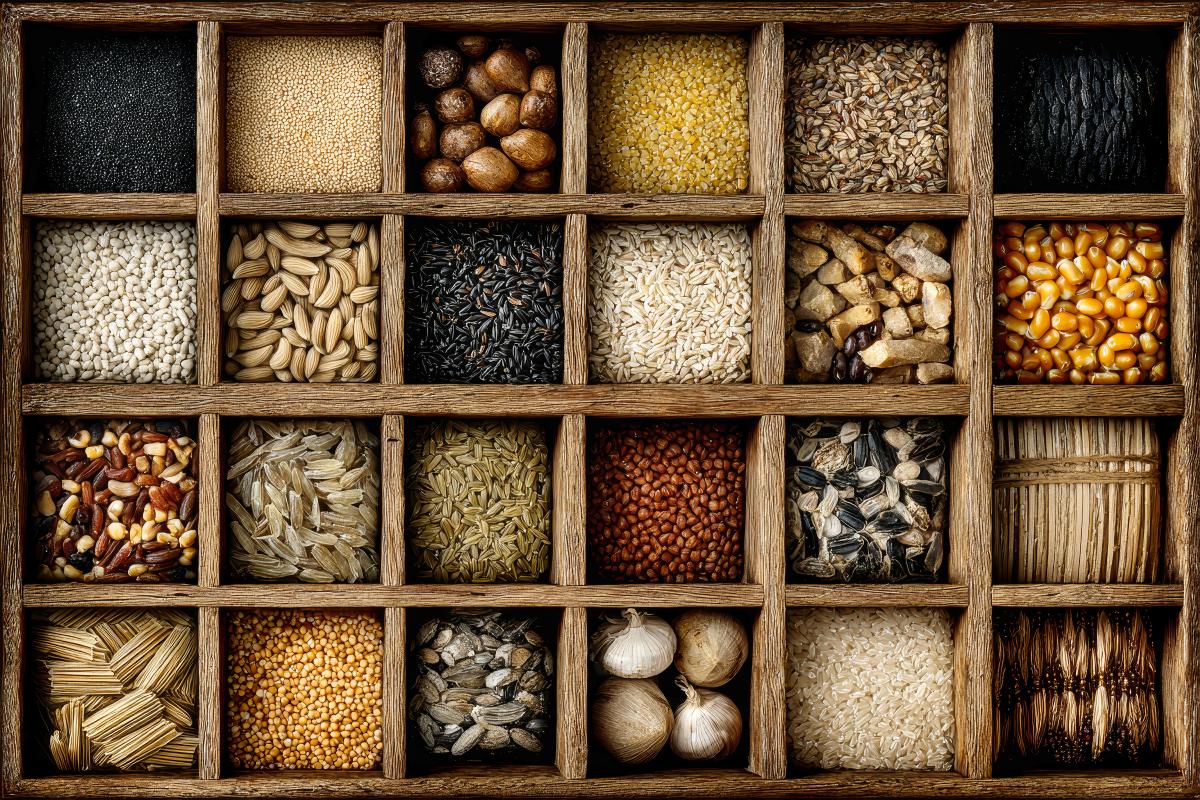 Collage of different types of grains that can be stored in Chief Agri bins.