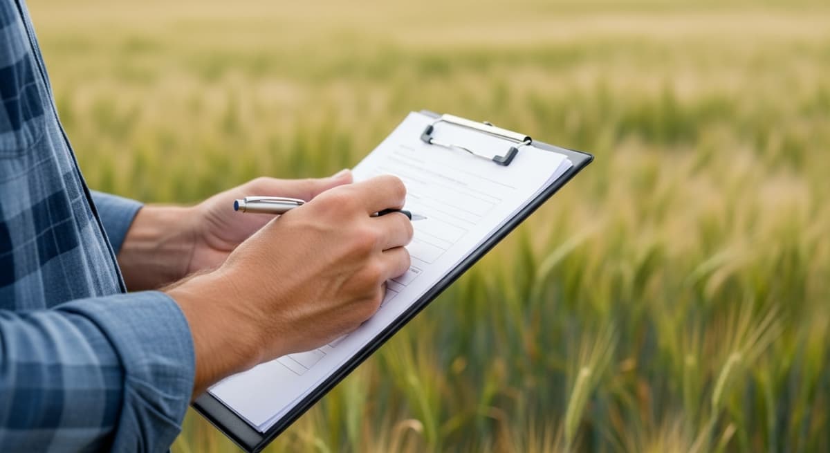Concept of grain elevator troubleshooting. Person writing on a form on a clipboard in an agricultural setting.